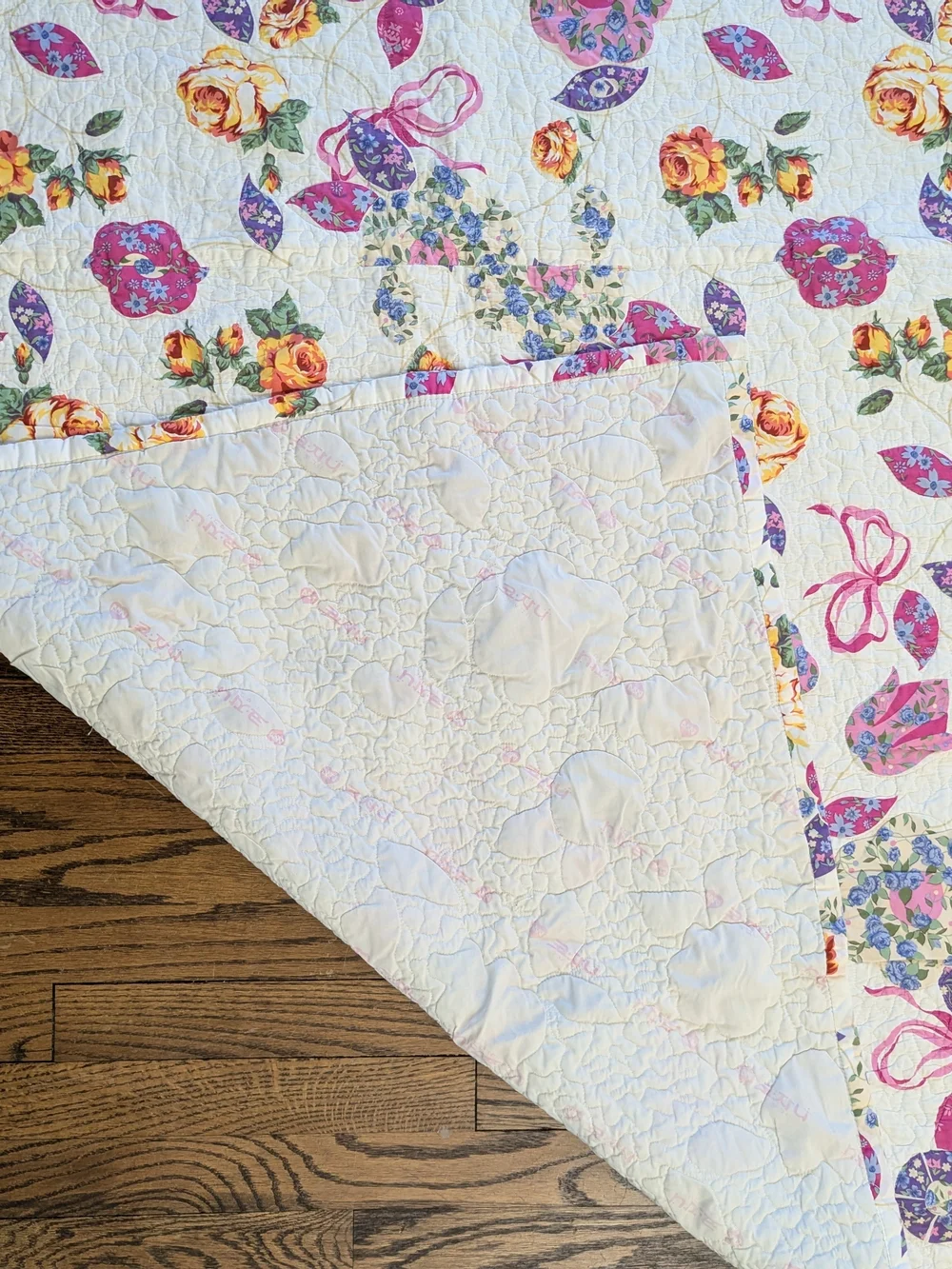 Twin Floral Quilted Bedspread in White with Pink, Purple & Yellow Flowers